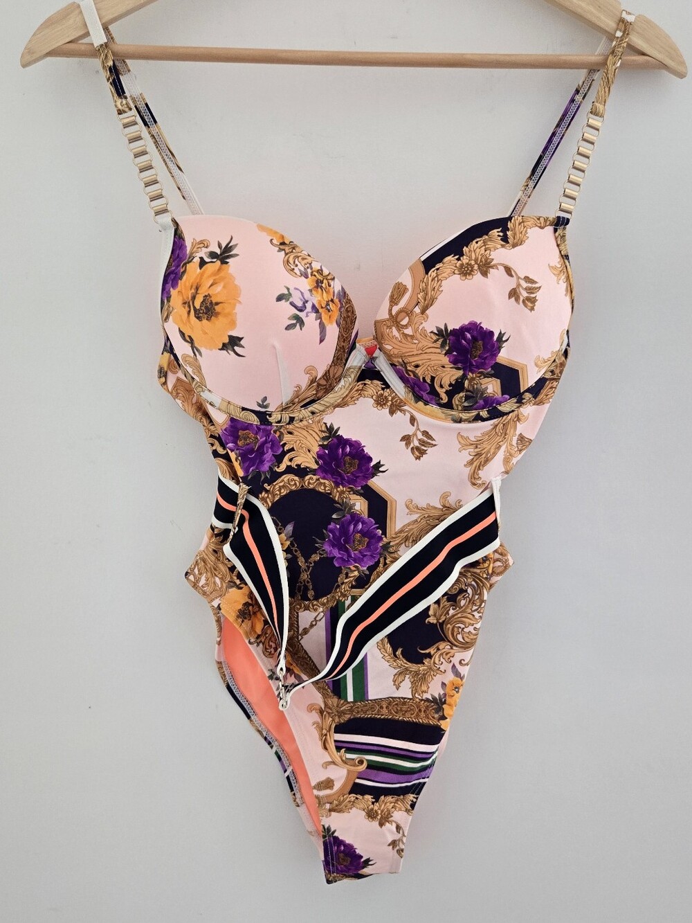 River Island Resort Baroque Floral Belted Underwire One Piece Swimsuit US 4
